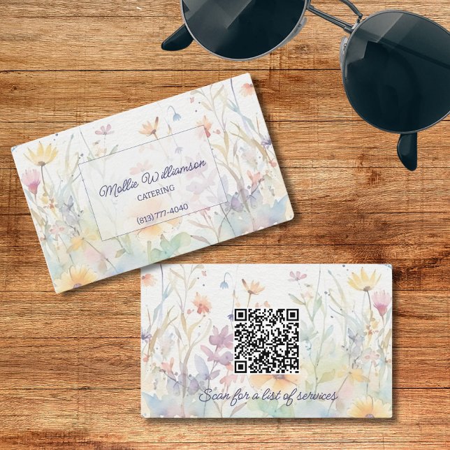 Pastel Watercolor Wildflowers with QR Code  Business Card (Creator Uploaded)