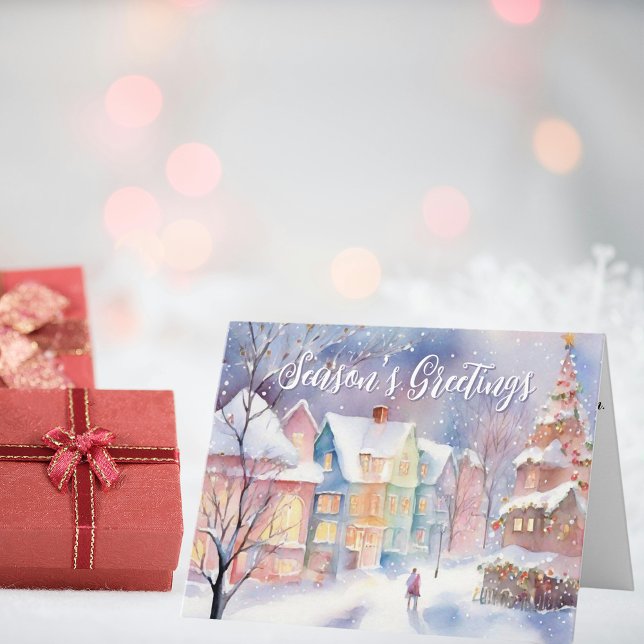 Pastel Watercolor Winter Village Seasons Greetings Card (Creator Uploaded)