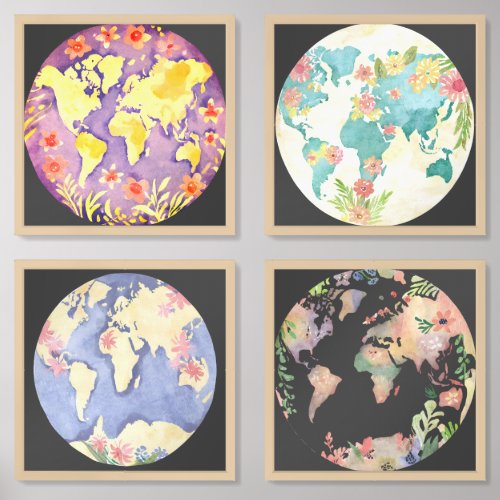 Pastel Watercolor World Maps Wall Art Sets