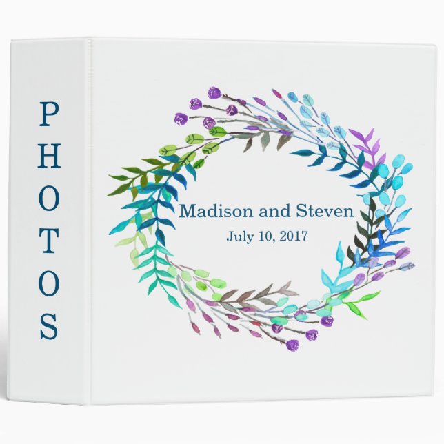 Pastel Watercolor Wreath Wedding Photo Album 3 Ring Binder (Front/Spine)