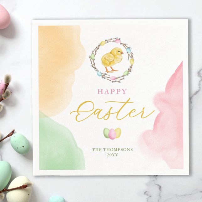 Pastel Watercolor Yellow Baby Chick Happy Easter Napkins (Creator Uploaded)