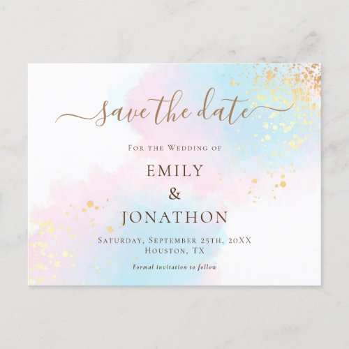 Pastel Watercolors Blue Gold Pink Save The Date Announcement Postcard