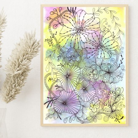 Pastel Watercolors Elegant Florals Black Line Art 