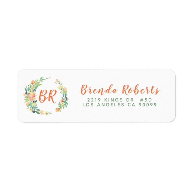 Pastel Watercolors Flowers Wreath Monogram Label (Front)