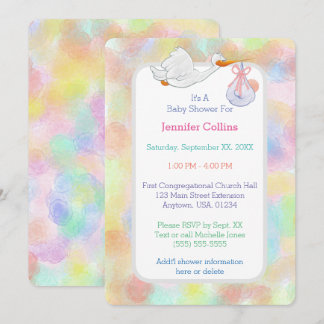 Pastel Watercolors Stork with Bundle Baby Shower Invitation