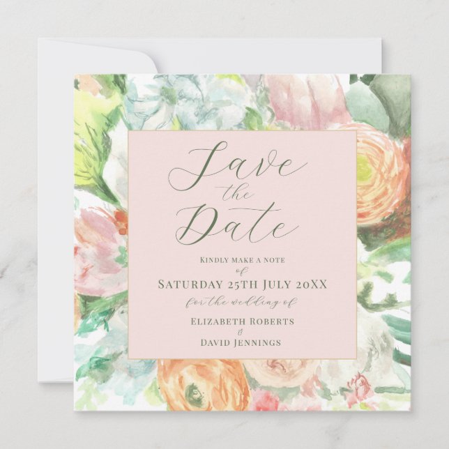 Pastel Watercolour Floral Save the Date Card (Front)