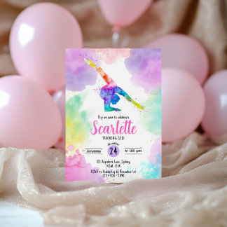 Pastel Watercolour Gymnastic birthday invitation