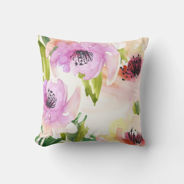 Pastel Watercolour Hand Painted Flowers Pillow (Front)