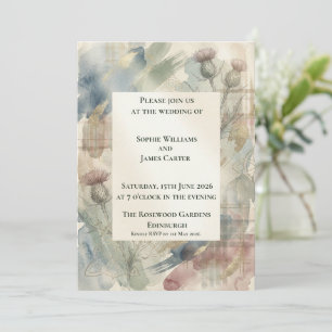 Pastel Watercolour Thistle Tartan Scottish Wedding Invitation