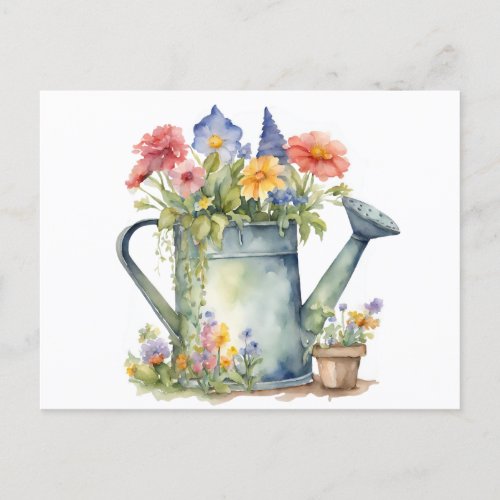 Pastel Watering Can with Garden Flowers Watercolor Postcard