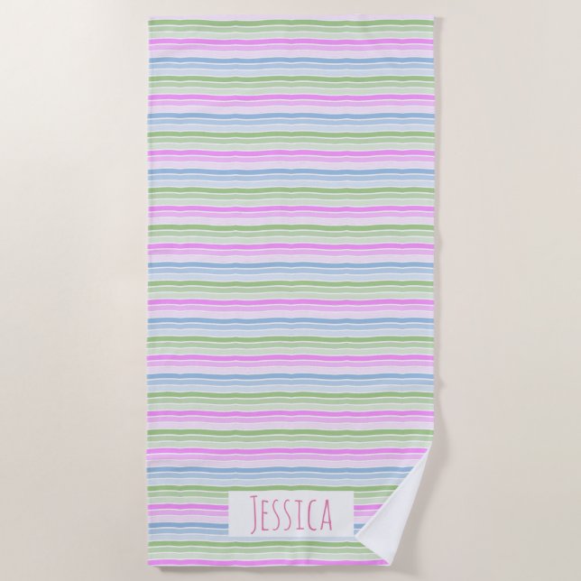 Pastel Wavy Striped Modern Personalised Beach Towel (Front)