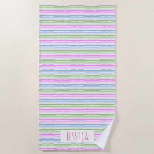Pastel Wavy Striped Modern Personalised Beach Towel