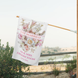 Pastel Wedding  Floral, Just Married Wedding  House Flag