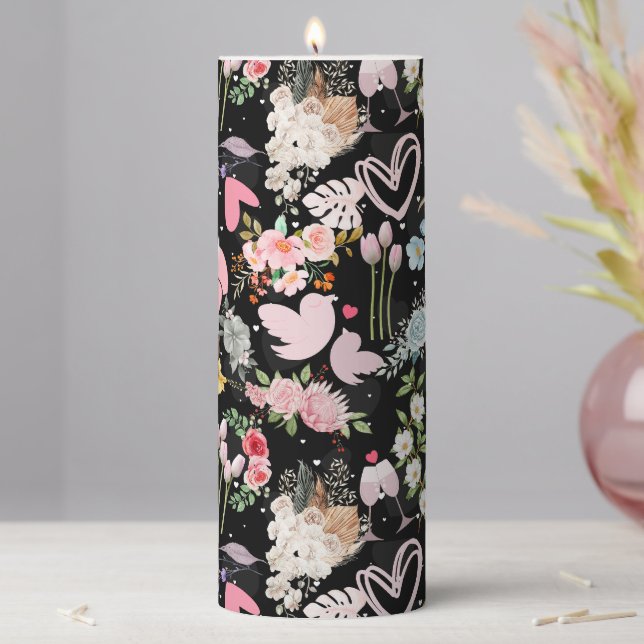 Pastel Wedding ornaments pattern 02 Black BG Pillar Candle (In Situ)
