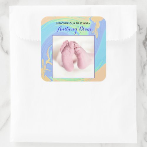 Pastel Welcome First Born Custom Photo Square Sticker