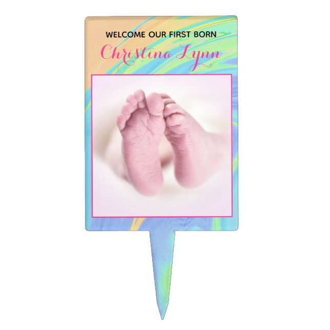 Pastel Welcome First Born With Photo Cake Topper (Front)