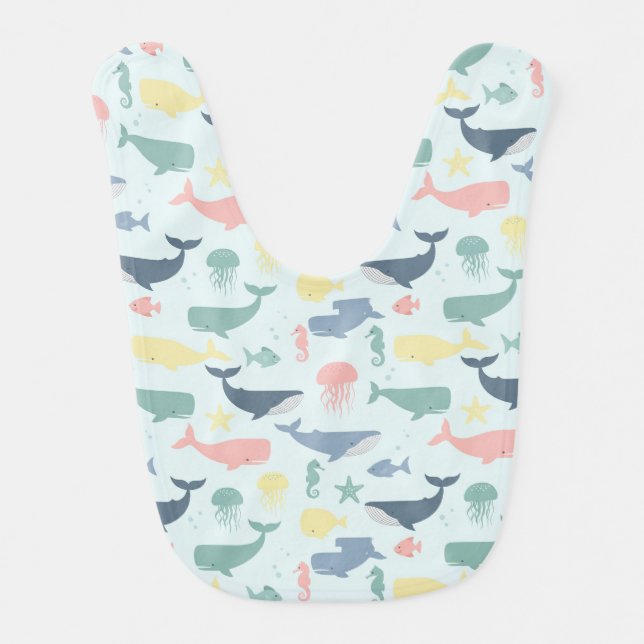 Pastel Whale, Jellyfish & Seahorse Print Baby Bib (Front)