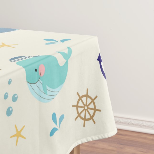 Pastel Whale & Nautical Sea Party Design Tablecloth (In Situ)