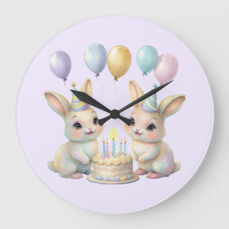 Pastel Whimsical Bunny Twins Birthday wall clock