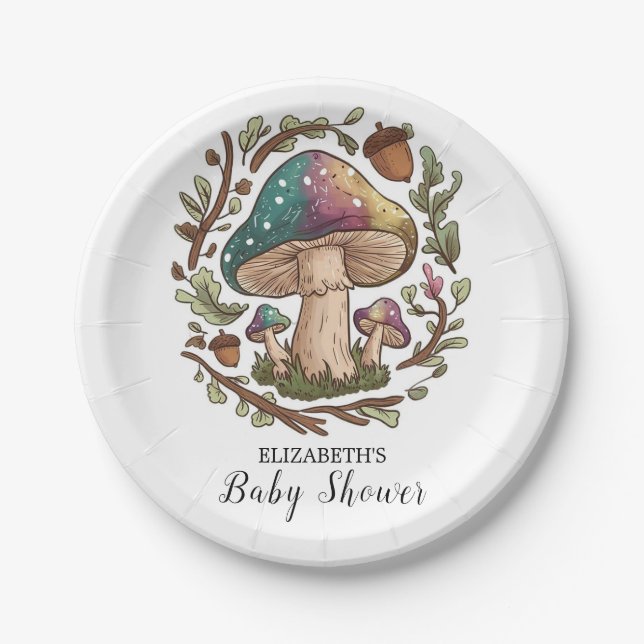 Pastel Whimsical Mushroom Baby Shower Paper Plates (Front)