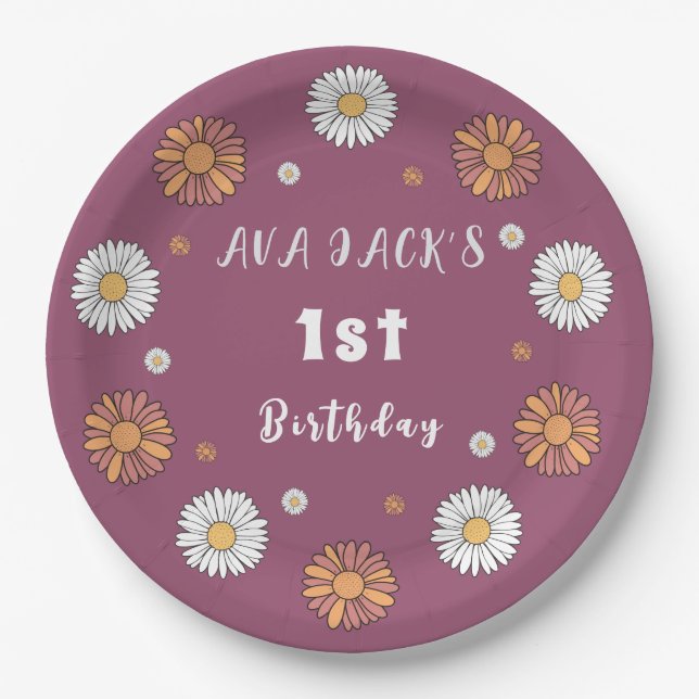 Pastel white and pink orange daisy flowers paper plates (Front)