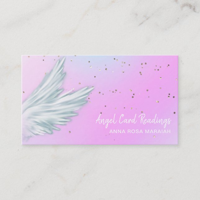 *~*  Pastel White Angel Wings Starry Pink Rainbow Business Card (Front)