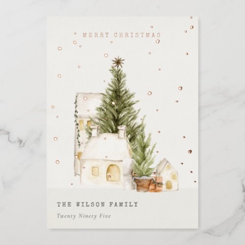 Pastel White Snow Tree Houses Merry Christmas Foil Holiday Card