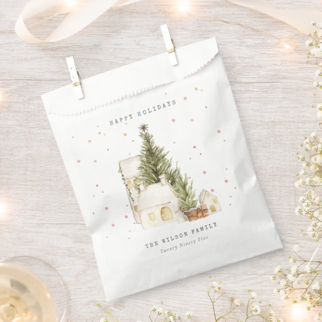 Pastel White Snow Tree Houses Seasons Greetings Favor Bag (Clipped)