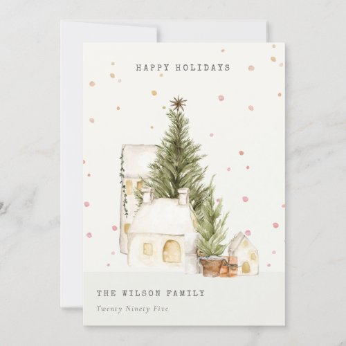 Pastel White Snow Tree Houses Seasons Greetings  Holiday Card