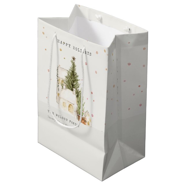 Pastel White Snow Tree Houses Seasons Greetings Medium Gift Bag (Front Angled)