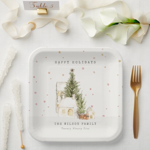 Pastel White Snow Tree Houses Seasons Greetings Paper Plates