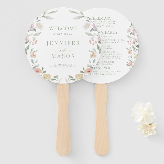 Pastel Wild Flower Wreath Wedding Program Hand Fan (Front and Back)