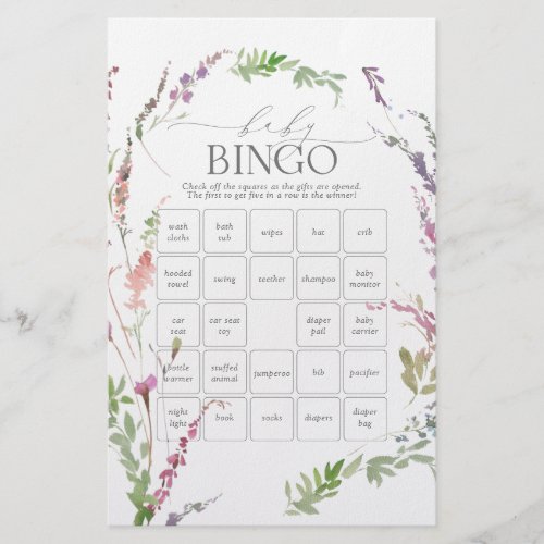 Pastel Wildflower Baby Shower Bingo Game Flyer - Designed to coordinate with our bestselling Pastel Wildflower baby shower invitations, this prefilled baby shower bingo game features bingo squares that you can EDIT to add all the different sorts of gifts the mommy-to-be might receive, and is decorated with watercolor wildflower motifs in purple, pink, and lilac.  NOTE: Keep in mind you will need to edit each sheet individually and add them to cart, otherwise they'll all be the same. But it could be as simple as just changing up one or two of the words in a sheet, so they're mostly the same, but each one has one or two squares that are different. Otherwise everyone will shout bingo at the same time! Copyright Anastasia Surridge for Elegant Invites, all rights reserved. View the entire collection here: https://www.zazzle.com/collections/little_wildflower_pastel_floral_baby_shower-119673391720849144