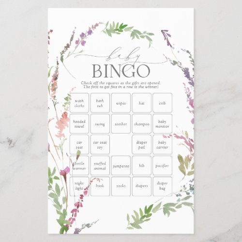 Pastel Wildflower Baby Shower Bingo Game Flyer