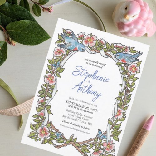 Pastel Wildflower Bird Floral Border Boho Wedding Invitation