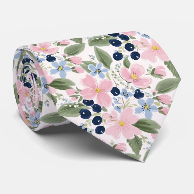 Pastel Wildflower & Blueberry Floral Pattern  Neck Tie (Rolled)