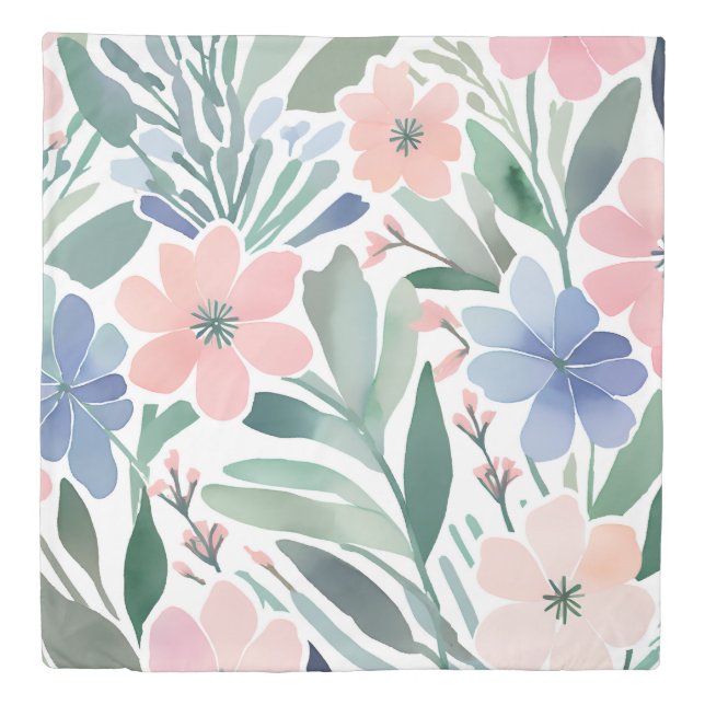 Pastel Wildflower Boho Watercolor Floral Bedding Duvet Cover (Front)