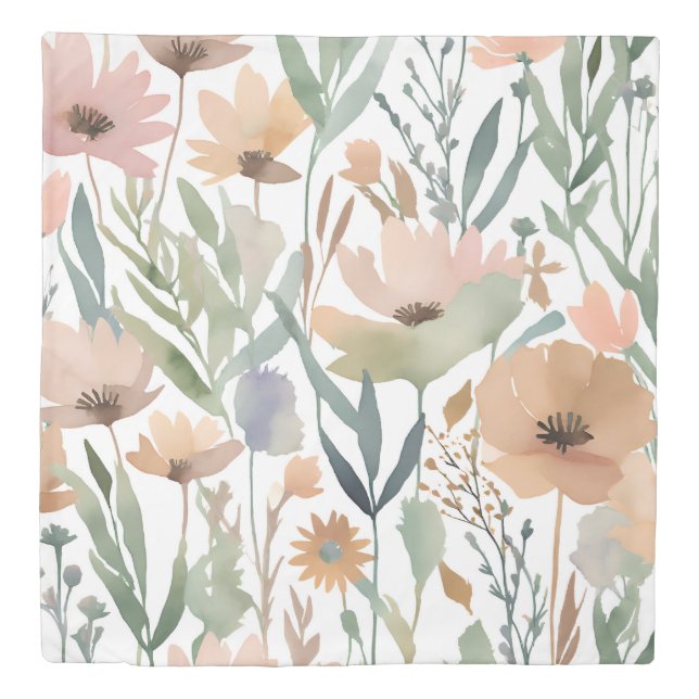Pastel Wildflower Boho Watercolor Floral Bedding Duvet Cover (Front)