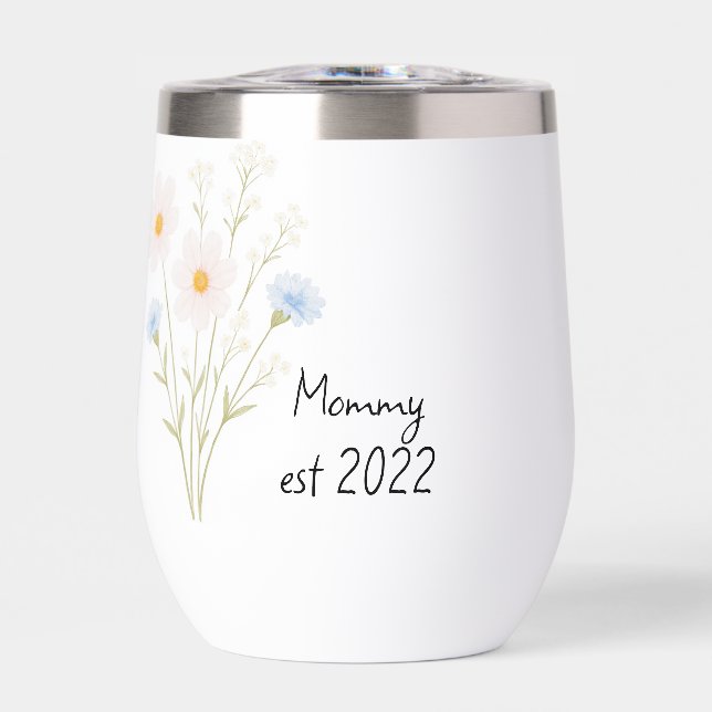 Pastel Wildflower Bouquet Personalized "Mom Est."  Thermal Wine Tumbler (Front)