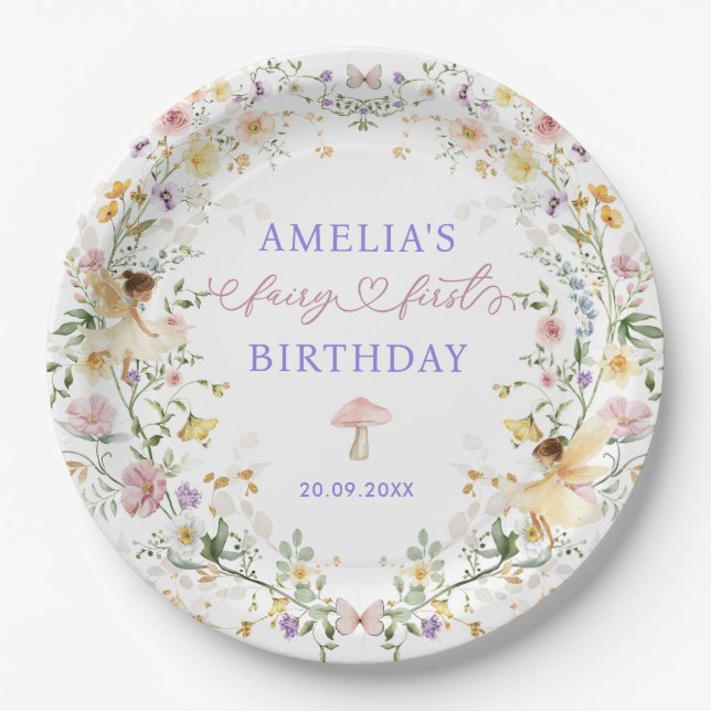Pastel Wildflower Fairy First 1st Birthday Party Paper Plates (Front)