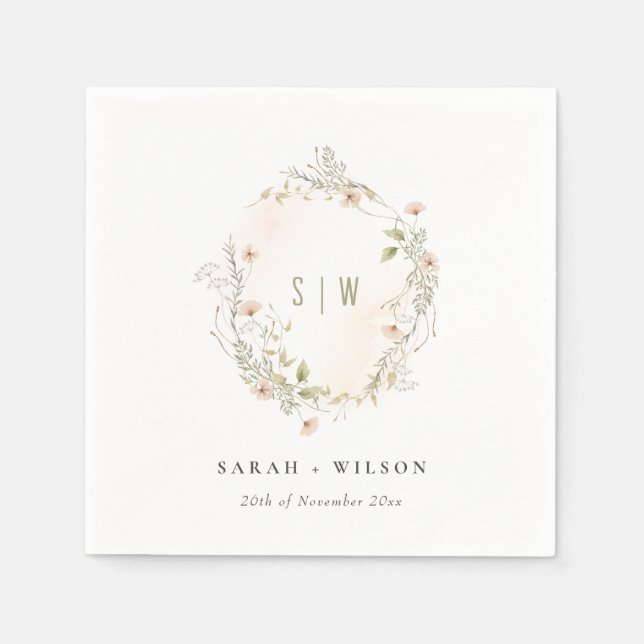 Pastel Wildflower Floral Monogram Wreath Wedding Napkins (Front)