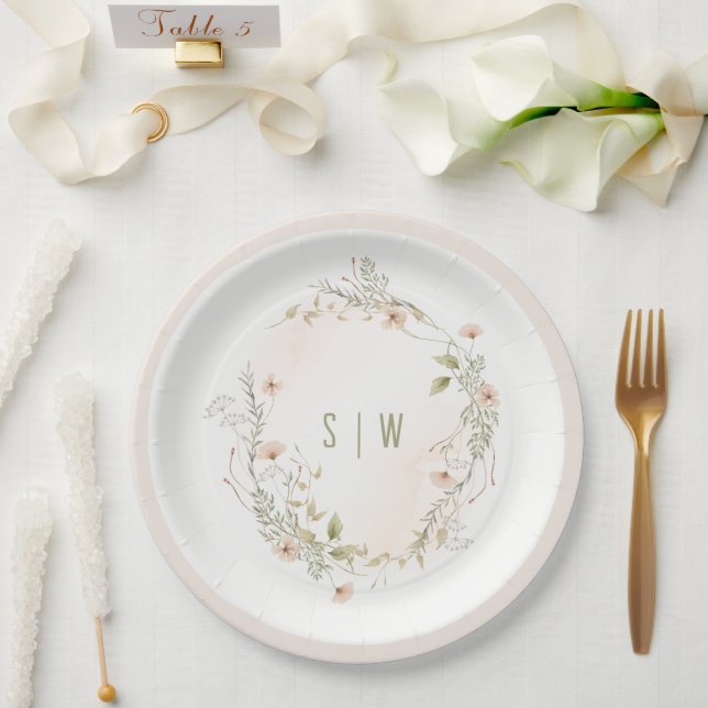 Pastel Wildflower Floral Monogram Wreath Wedding Paper Plates (Wedding)