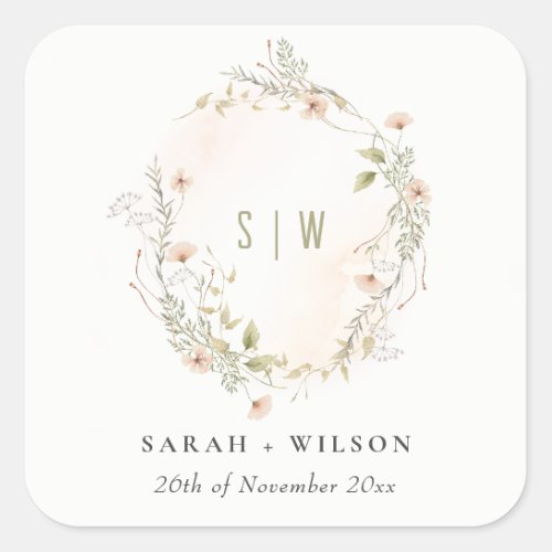 Pastel Wildflower Floral Monogram Wreath Wedding Square Sticker