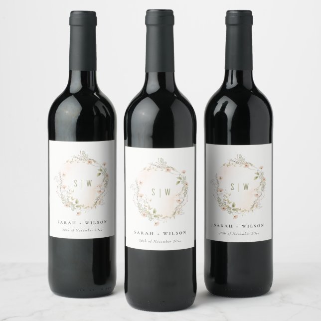 Pastel Wildflower Floral Monogram Wreath Wedding Wine Label (Bottles)