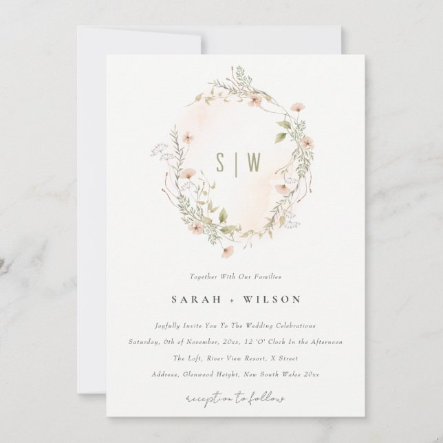 Pastel Wildflower Floral Wreath Wedding Invite (Front)