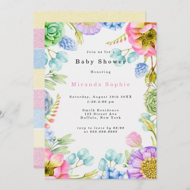 Pastel Wildflower Florals Neutral Baby Shower Invitation (Front/Back)