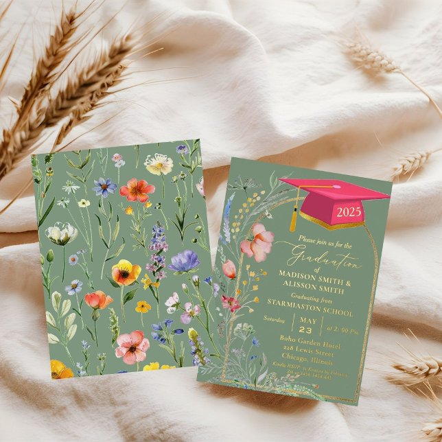 Pastel Wildflower Garden Twin Graduation Party Foil Invitation (Creator Uploaded)