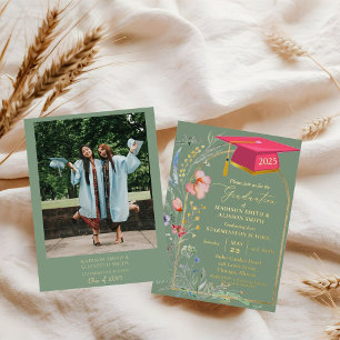 Pastel Wildflower Garden Twin Graduation Party Foil Invitation