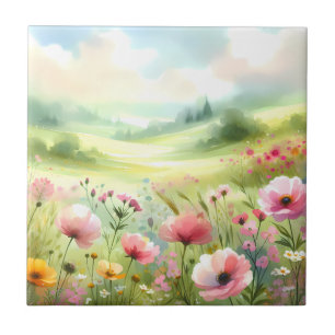 Pastel Wildflower Meadow Landscape Ceramic Tile