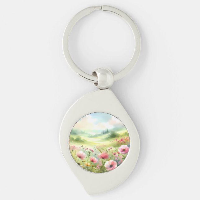 Pastel Wildflower Meadow Landscape Keychain (Front)